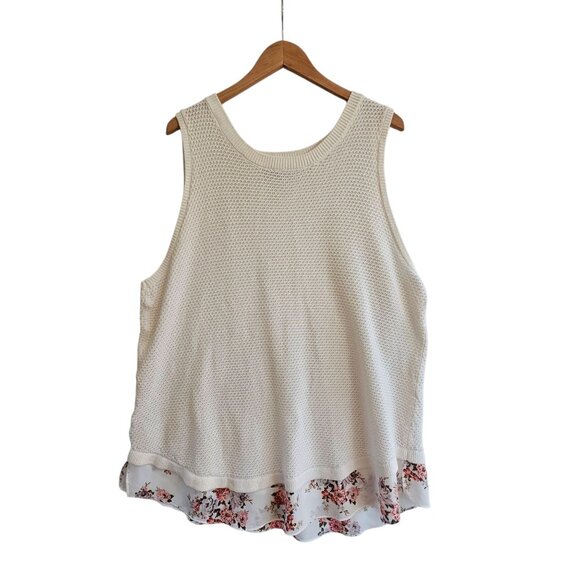 Loft Plus 24/26 Cream Sleeveless Knit Top With Floral Chiffon Hem Womens Blouse - Picture 2 of 8